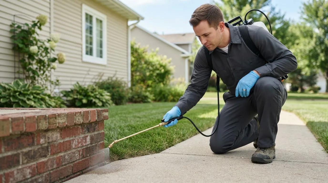Pest control technician treating a home near Opelika, AL